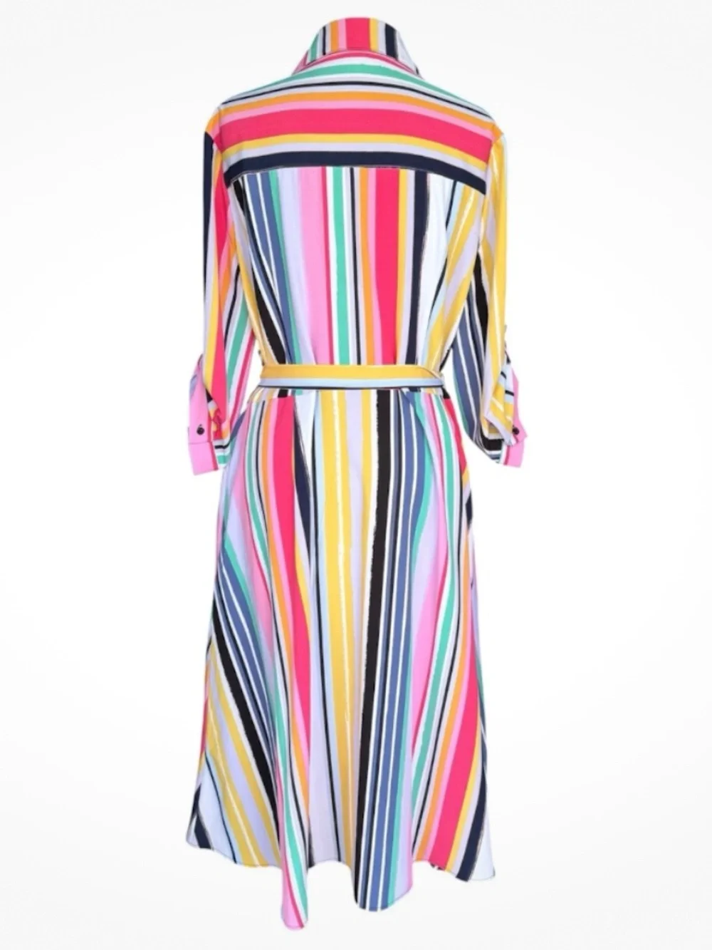 NY & Co Multicolor Striped Midi Shirt Dress Roll Tab Sleeve Belted Women’s Large